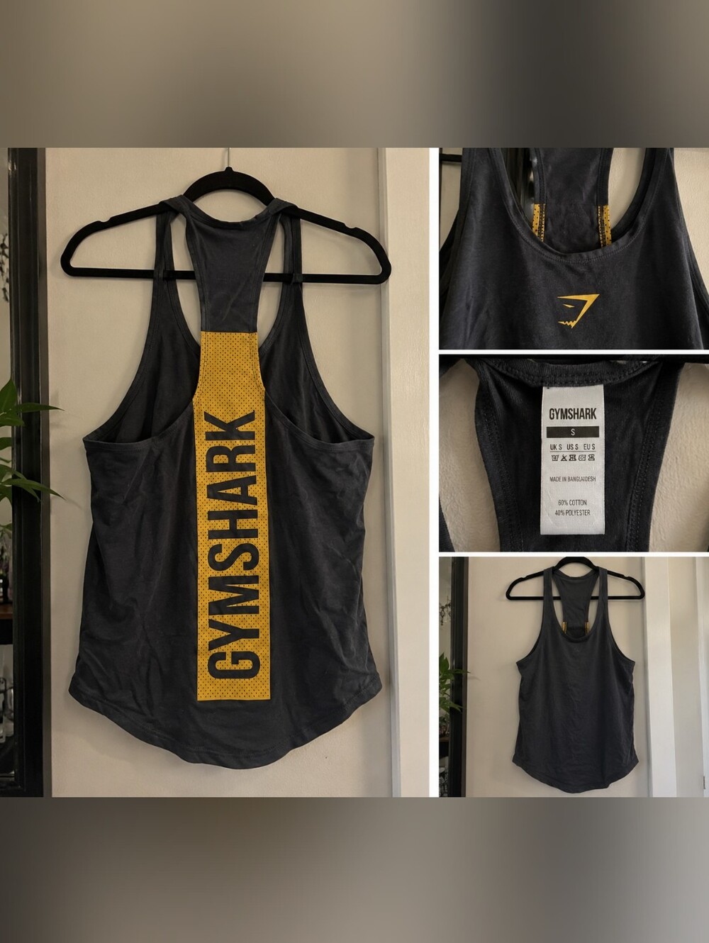 Gymshark Women's Charcoal Racerback Tank with Yellow Logo
